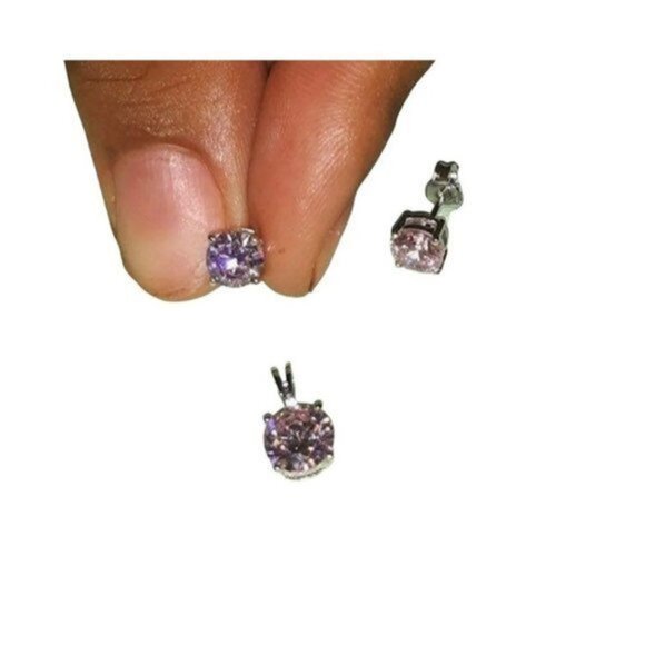 Sterling Silver Pink CZ Pendant Set Earrings and Pendant - Picture 1 of 7